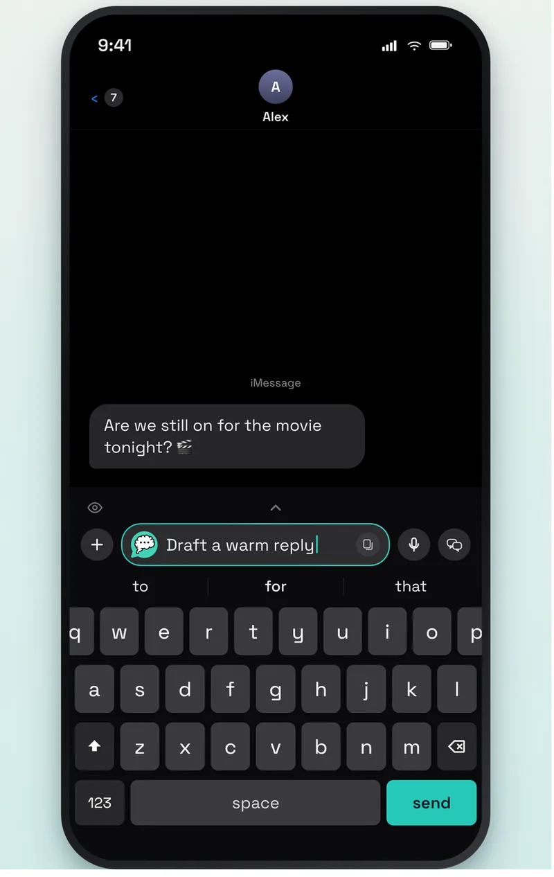 The T2Board keyboard open in a messaging app.